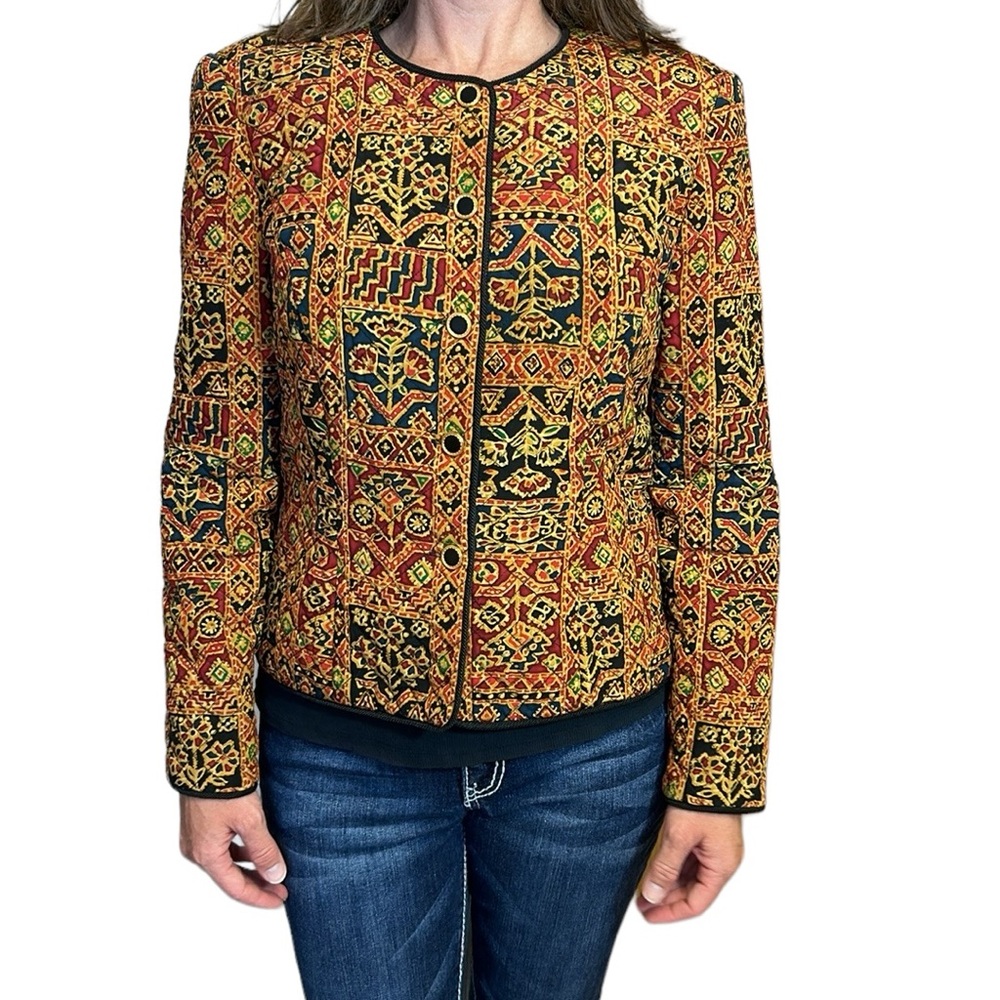 Vintage Maggy London Silk Blazer Jacket Quilted Tribal Floral Multicolor 6